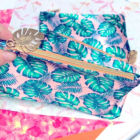 🪸🆕»- IPSY AUGUST -»🏝Summer-LÖVE Pink+Coral🪸Palm Leaves+Golden Zipper Handle - Picture 3 of 12